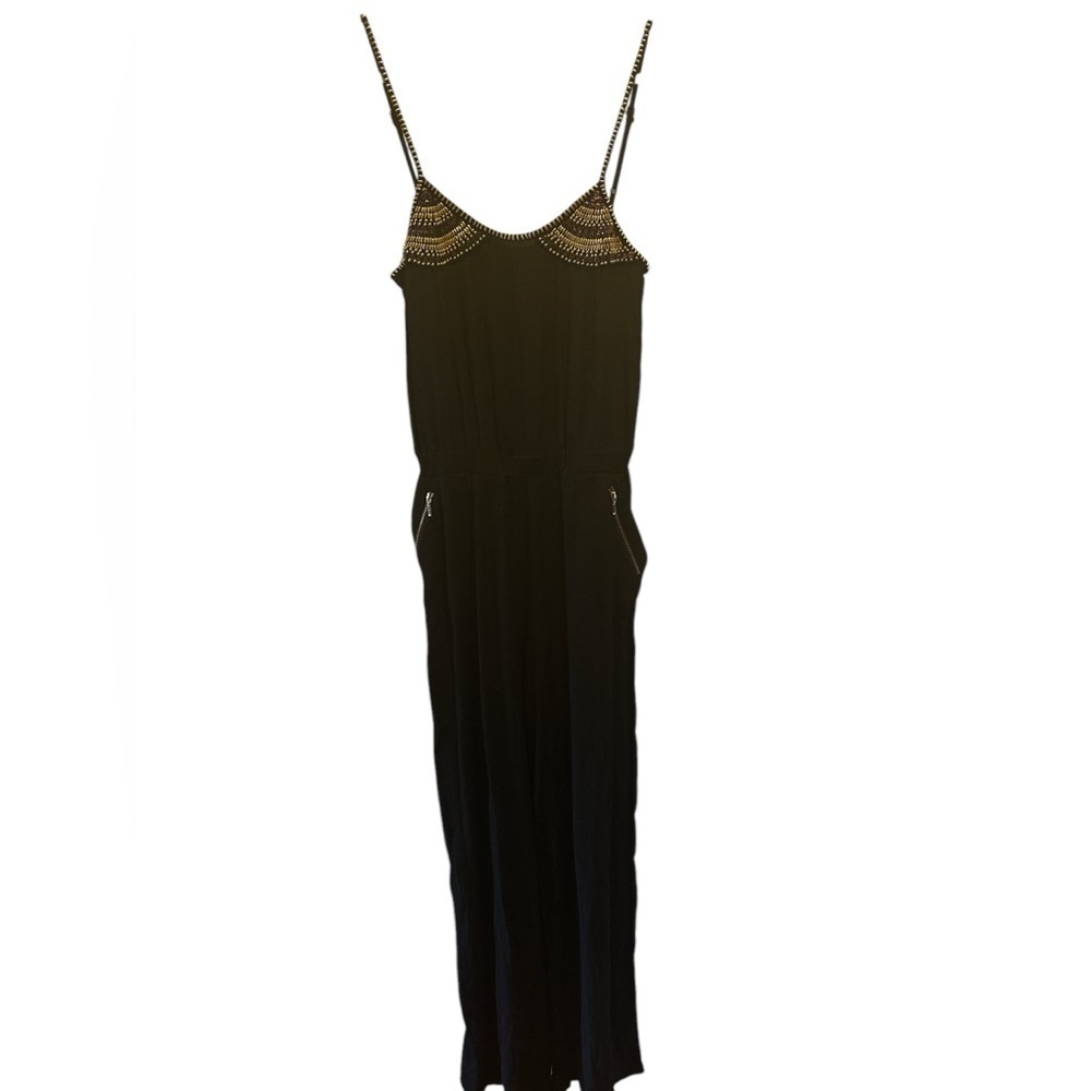 XOXO black jumpsuit gold studs purple sequin thon strap zip pockets wide leg